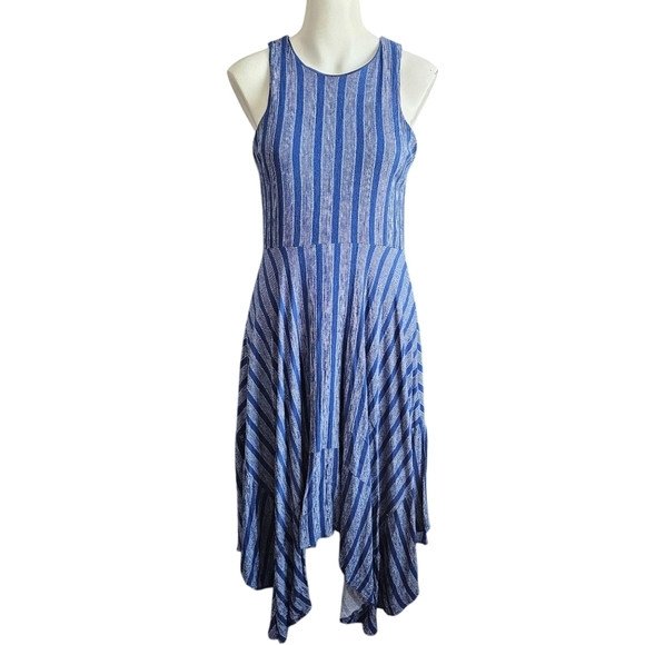 Lumiere Dresses & Skirts - Lumiere M Blue/White Striped Sleeveless Midi Dress Asymmetric Hem